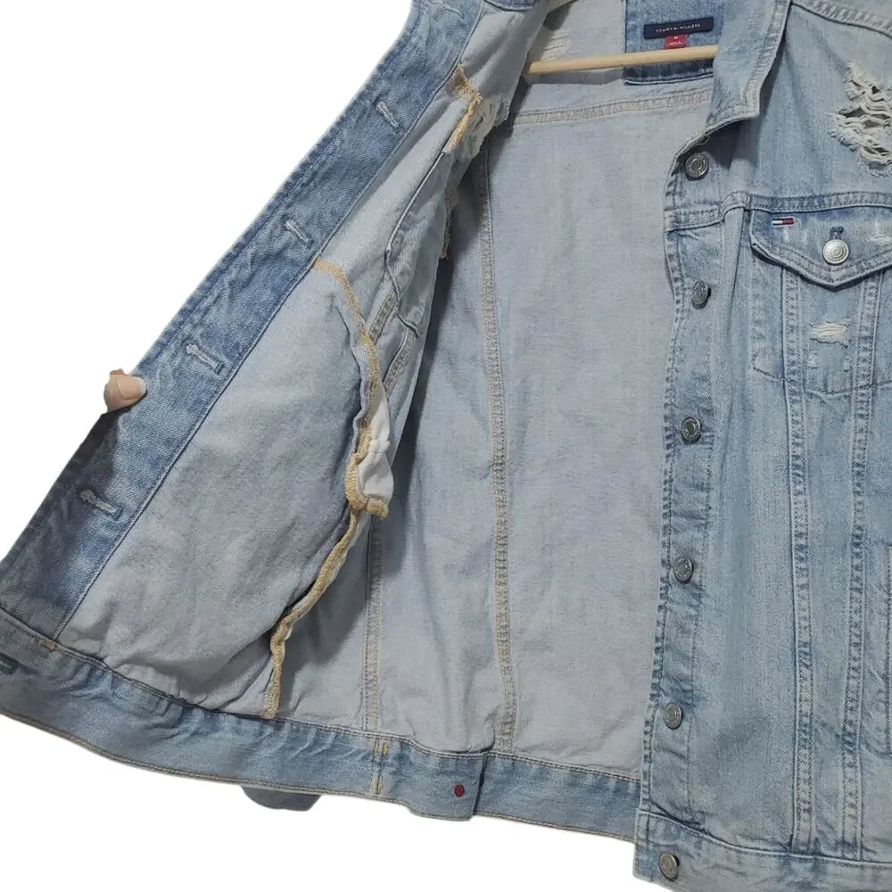 Tommy Hilfiger | Distressed Denim Trucker Jacket 100% Cotton with Logo